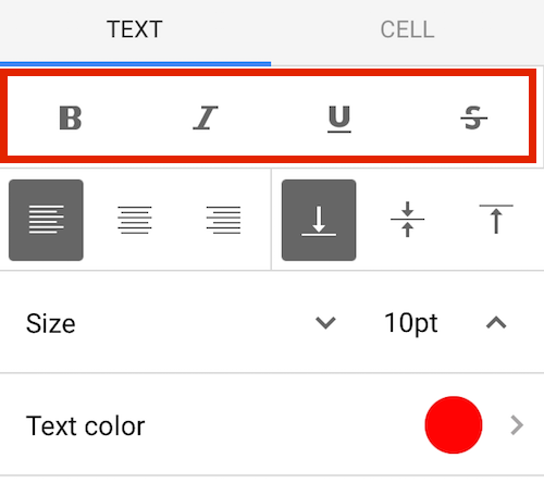 Google Sheets Mobile bold italic underline strikethrough