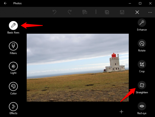 Windows 10 Photos Straighten Tool