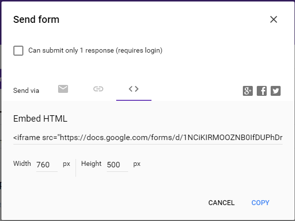 Send a google form embed html