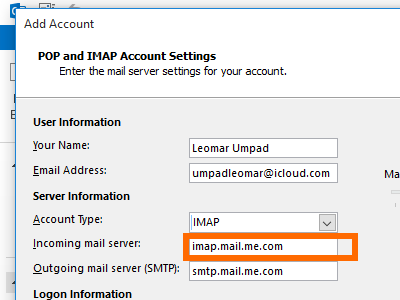 Microsoft Outlook - File - Add Account - manual setup - inbound IMAP