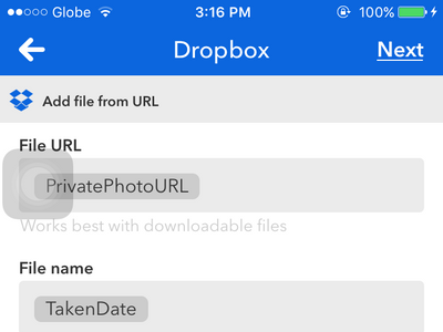 iPhone IFTTT - Create Recipe - Action - Dropbox - Add file from URL - Customize