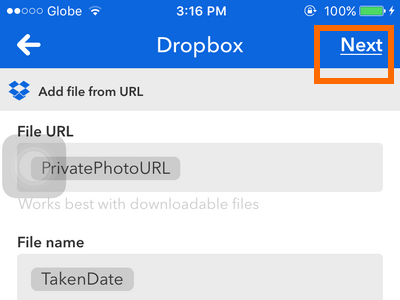 iPhone IFTTT - Create Recipe - Action - Dropbox - Add file from URL - Next
