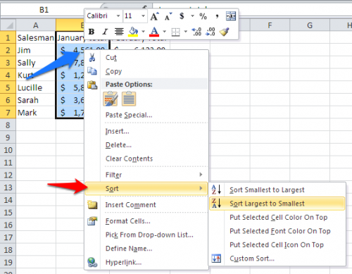 Excel Sort right click