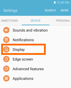 Samsung Galaxy S7 Home screen - Apps - Settings - Device Tab - Display