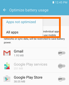 Samsung S7 - Settings - System - Battery - More - Optimize Battery - Scroll up - Switch - Apps Optimization