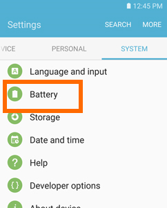 Samsung S7 - Settings - System - Battery