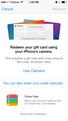 iPhone redeem iTunes Gift Card with camera