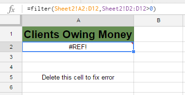 Google Sheets Filter Function #REF! error