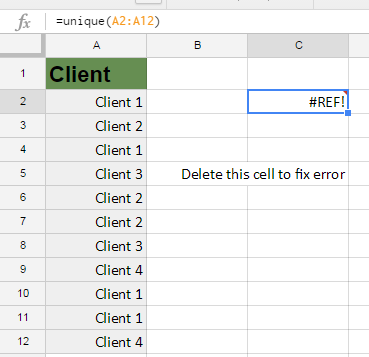 Google Sheets Unique #REF! error