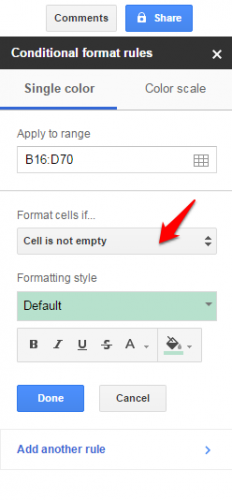 Google Sheets conditional formatting cells not empty