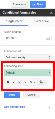 Google Sheets conditional formatting color