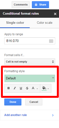Google Sheets conditional formatting range