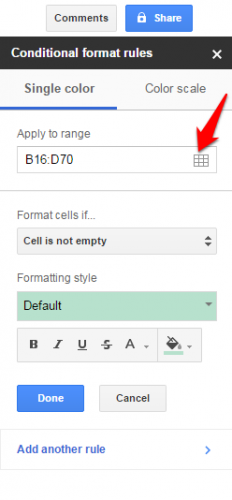 Google Sheets conditional formatting range