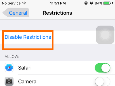 iPhone - Settings - General - Disable Restriction