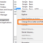 Windows – Computer Management – Storage – Disk Management – Change Drive Letter and Paths