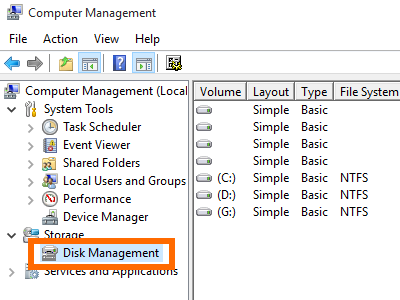 Windows - Computer Management - Storage - Disk Management
