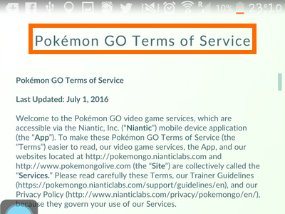 Pokemon Go - TOS Terms of Service