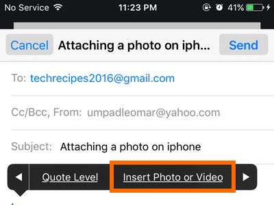 iphone Mail - create message - more options - insert photo or video