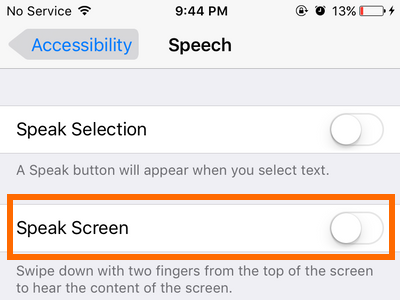 iphone Settings General Accessibility Speech Speak screen disabled