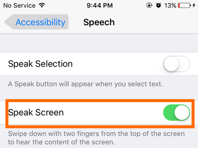 iphone Settings General Accessibility Speech Speak screen enabled. png