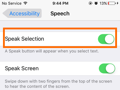 iphone Speak Selection ON
