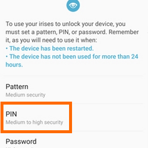 Galaxy Note7 Home Screen - Apps - Settings - Lock Screen and Security - Irises - PIN
