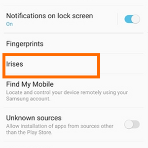 Galaxy Note7 Home Screen - Apps - Settings - Lock Screen and Security - Irises