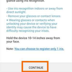 Galaxy Note7 Lock Screen and Security - Iris Scanner Info - Continue