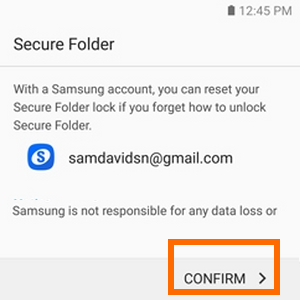 Galaxy Note7 Settings Lock screen and Security Secure Folder CONFIRM