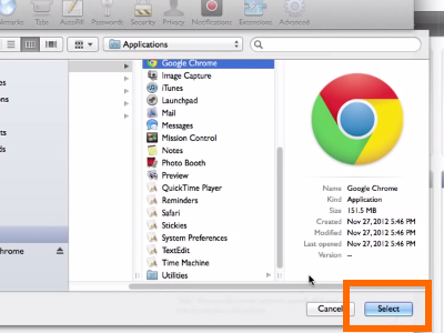 Mac OS X Mavericks Safari Preferences General Select Applications Google Chrome Select