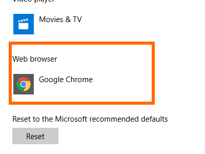 Windows 10 Start Menu Settings System Settings Default Web Browser is Chrome