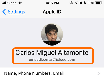 iPhone Settings Apple ID Name