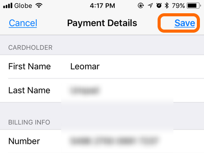 iPhone Settings Change Payment Details Save