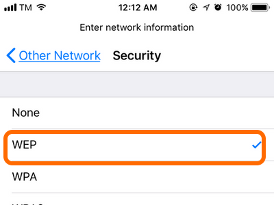 iPhone Wi-Fi Other network Choose Security Preference