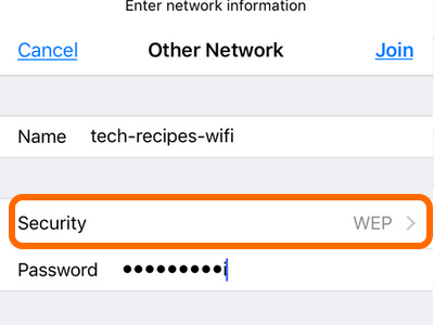 iPhone Wi-Fi Other network Choose Security