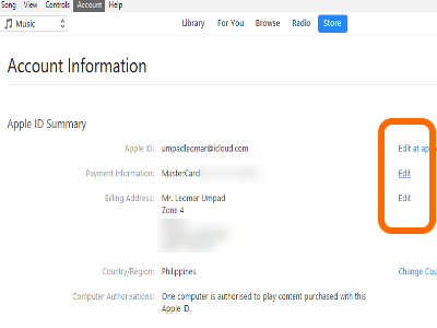 iTunes Account Information Edit