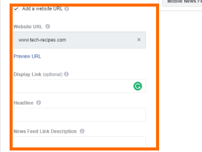 Facebook Create Ad Add Url