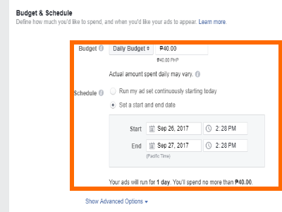 Facebook Create Ad Choose Budget Schedule