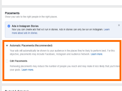 Facebook Create Ad Choose Placement