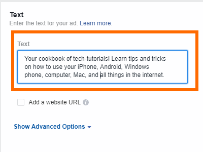 Facebook Create Ad Edit Ad Text