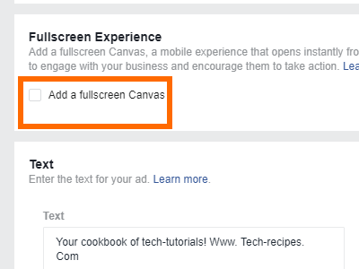 Facebook Create Ad Full Screen Experience