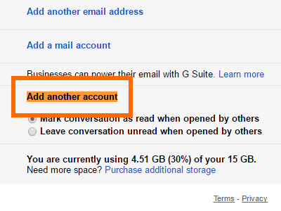 Gmail Click Settings Account and Import Grant Access Add another account