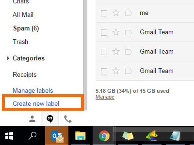 Gmail Hover Mouse to Left Panel Create New Label