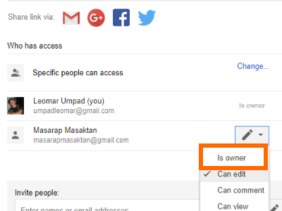 Google Drive File Share Box IS owner option