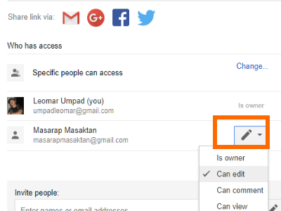 Google Drive File Share Box with Advanced Option Pencil icon