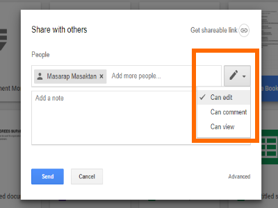 Google Drive File Share Pencil icon with Permission options