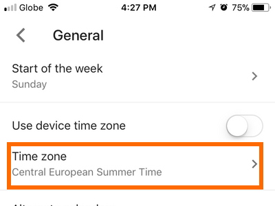 iPhone Google Calendar Scroll Down to Settings General Change Time Zone Done