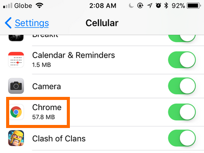 iPhone Settings Cellular App Data use