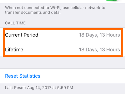 iPhone Settings Cellular Current Period Call time