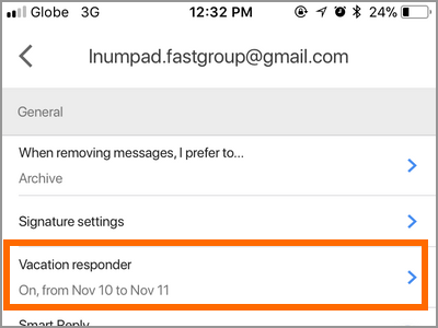 Gmail App Menu Settings Gmail Account Vacation Responder ON